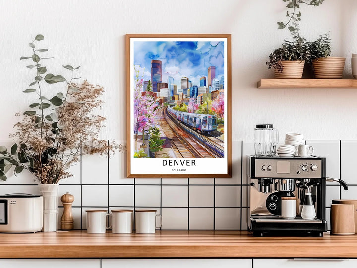Colorado city architecture and a public transit rail system creating a unique artistic gallery wall scene. Upgrade your living room wall decor with this MapYourDreams design, available as a framed print or stretched canvas.