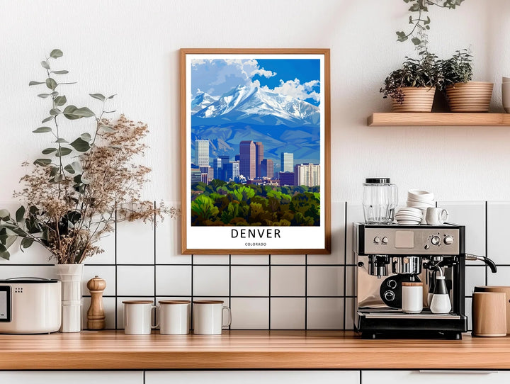 A grand mountain peak casting deep shadows behind a modern city center in a crisp graphic realism layout. A striking poster design perfect for office wall decor as a canvas print, framed art, or poster.