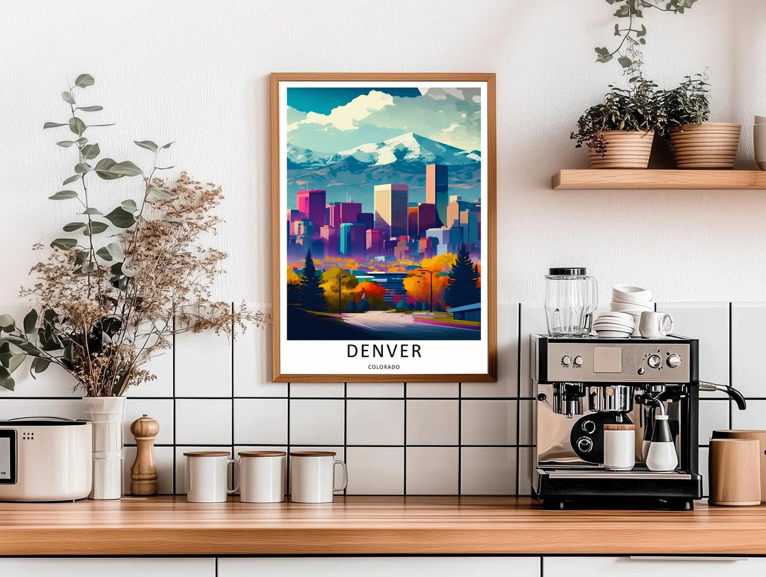 Colorado city architecture and a dense fall park landscape creating a unique artistic gallery wall mountain scene. Upgrade your living room wall decor with this MapYourDreams design, available as a framed print or stretched canvas.