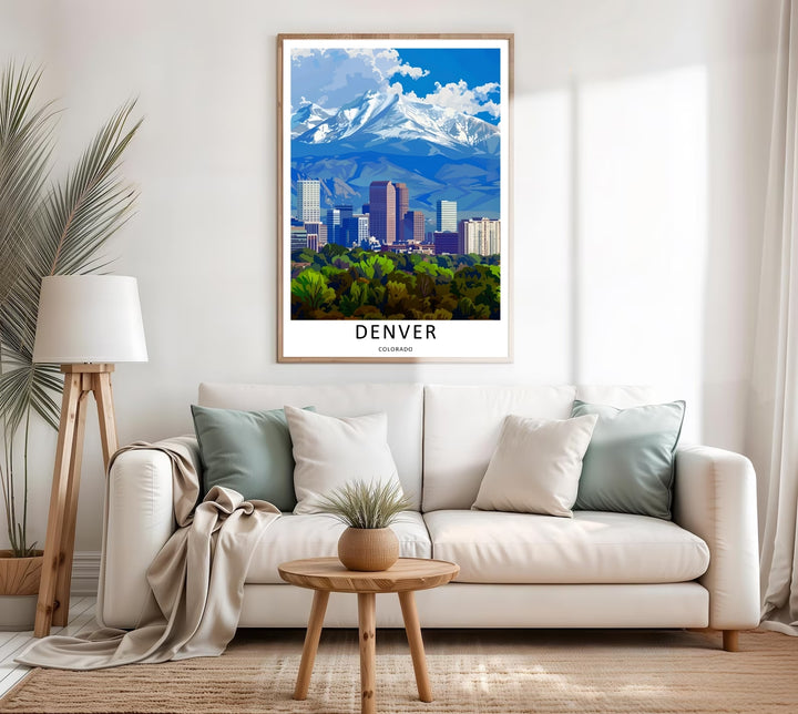 Colorado city architecture and a dense green park landscape creating a unique artistic gallery wall mountain scene. Upgrade your living room wall decor with this MapYourDreams design, available as a framed print or stretched canvas.