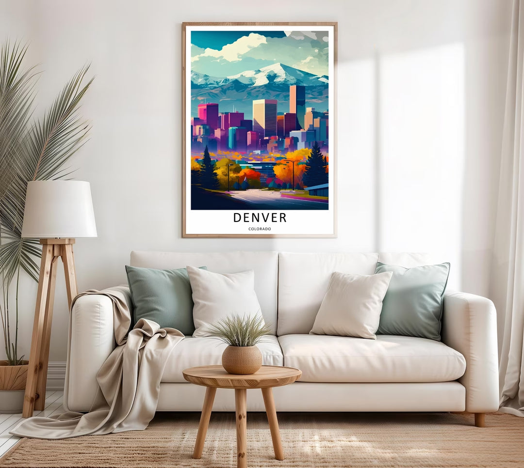 Artistic landscape print showing a panoramic view of downtown towers beneath towering winter mountain crests. A scenic travel poster from MapYourDreams, crafted expertly as an unframed print, wood-framed art, or canvas.