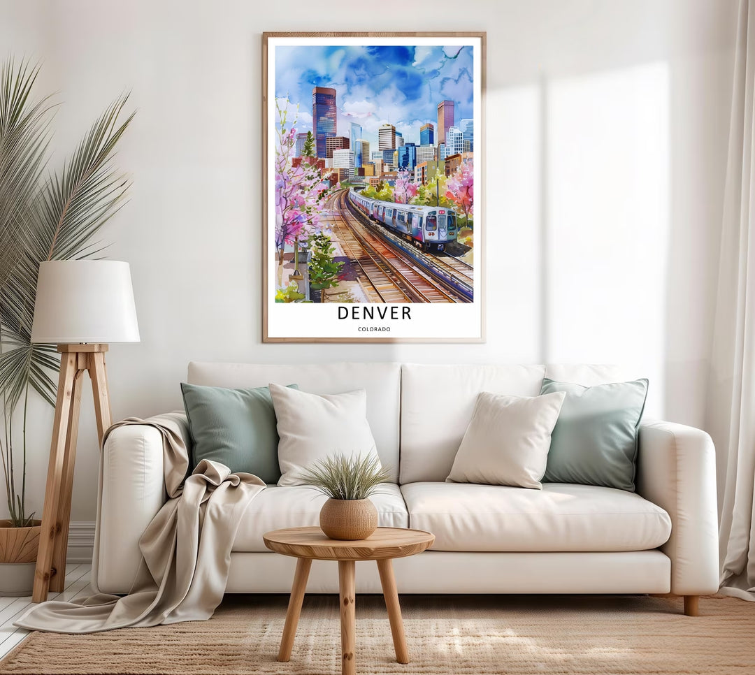A modern light rail train moving through a scenic urban landscape corridor in a beautiful fine art watercolor style. A striking poster design perfect for office wall decor as a canvas print, framed art, or poster.