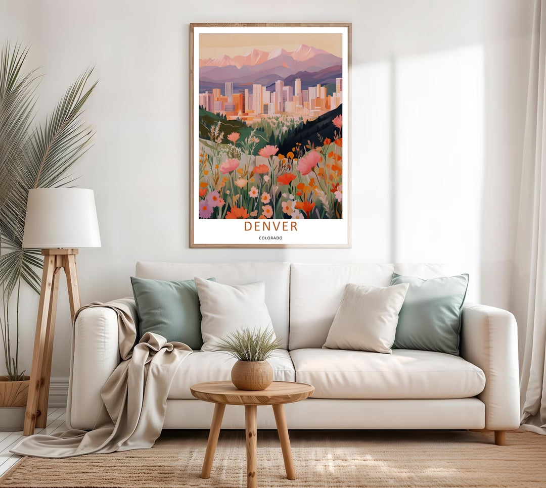 A colorful botanical flower field leading the eye toward a distant urban center under a warm twilight sky. A striking poster design perfect for living room decor as a canvas print, framed art, or poster.
