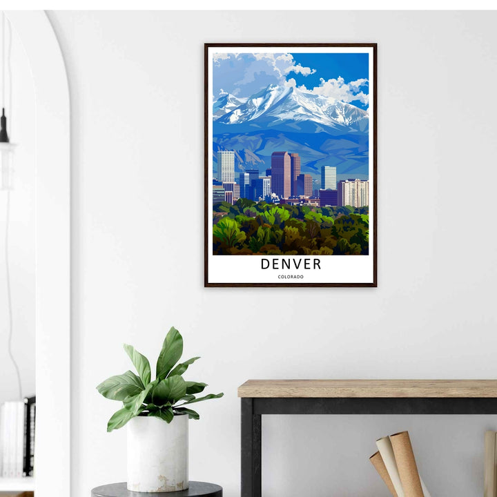 Artistic landscape print showing a panoramic view of downtown towers beneath towering winter mountain crests. A scenic travel poster from MapYourDreams, crafted expertly as an unframed print, wood-framed art, or canvas.