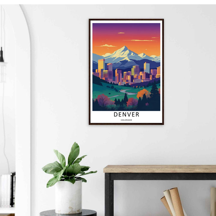 Colorado decorative travel art showcasing a stylized city grid layout, deep mountain ridges, and an active outdoor lifestyle. This home decor piece is perfectly suited for modern rooms as a framed canvas print or simple paper poster.