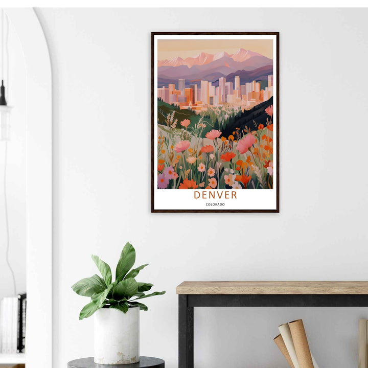 Fine art illustration of a Denver landmark view with a soft orange skyscraper, green foliage, and distant snow peaks. MapYourDreams wall decor offered in multiple sizes as an unframed print, framed print, or luxury canvas.