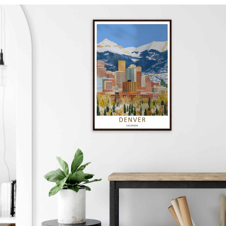 Textured look at a contemporary travel poster with wild green spruce leaves, golden autumn colors, and classic city architectural lines. A striking landscape wall print available from MapYourDreams as an unframed poster, framed art, or canvas.
