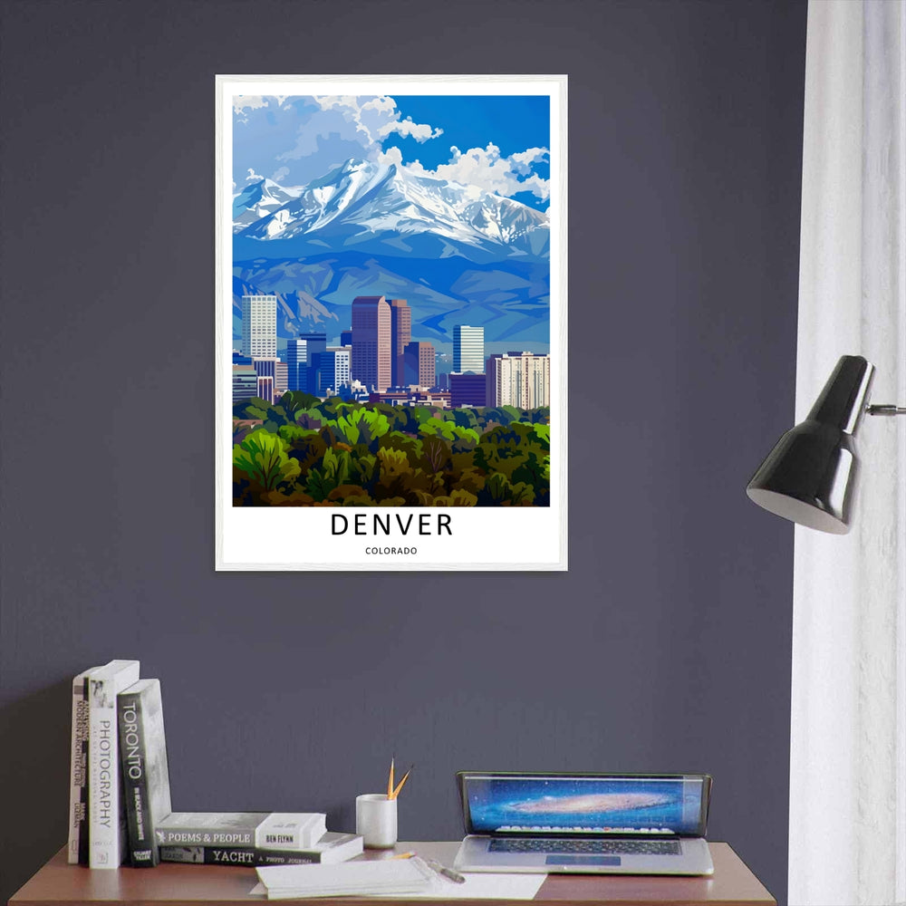 Colorado Rocky Mountain daylight landscape art featuring a towering snow-covered peak rising under a blue sky with white clouds. An elegant travel style piece offered as a premium framed poster or canvas wrap.