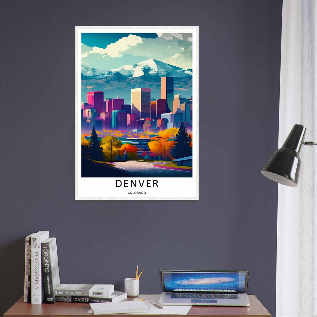 Colorado Rocky Mountain daylight landscape art featuring a towering snow-covered peak rising under a teal sky with white clouds. An elegant travel style piece offered as a premium framed poster or canvas wrap.