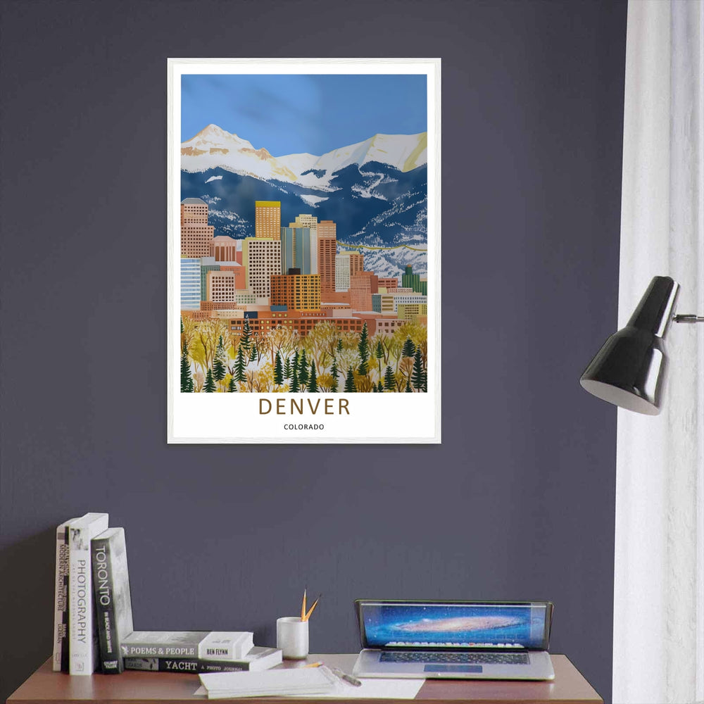 Denver mountain horizon wall decor featuring a cluster of skyscrapers under a bright blue sky. An elegant vintage travel poster style piece offered as a framed print, canvas, or fine art paper poster.