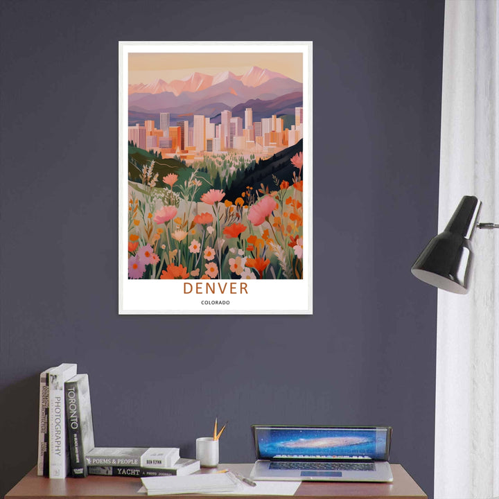 Distant Denver skyline print showing skyscrapers rendered in soft tan and cream colors beneath a glowing peach sunset sky. High-quality wall decor available in versatile framed, canvas, and unframed print options.