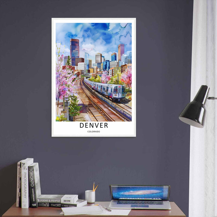 Urban metropolitan scene depicting a sweeping curve of railroad lines, green bushes, and pink spring flowers. This MapYourDreams decorative print can be purchased as a premium canvas wrap or framed poster.