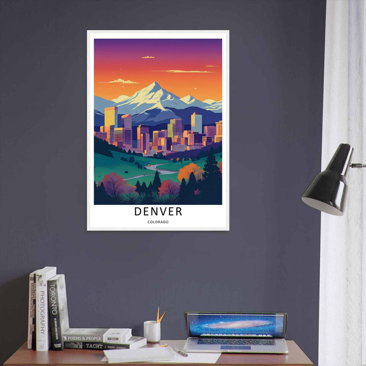 Denver skyline print showing glowing city skyscrapers nestled against deep purple mountain ridges at dusk. High-quality wall decor available in versatile framed, canvas, and unframed print options.