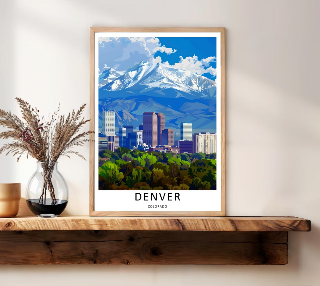 Downtown city skyline print showcasing tall skyscrapers and corporate office towers catching bright mid-day sunlight. High-quality wall decor available in versatile framed, canvas, and print options.