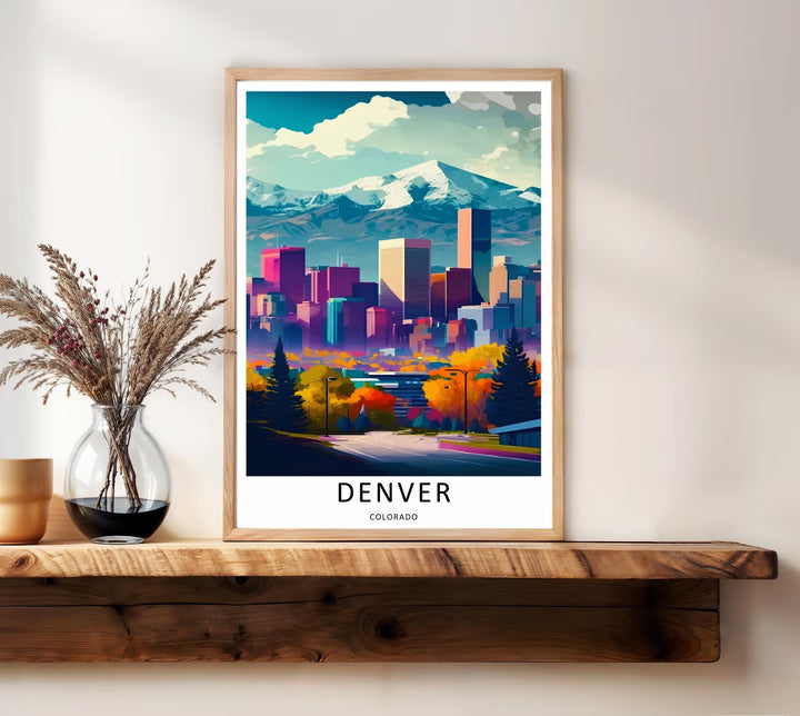 A grand mountain peak casting clean shadows behind a modern city center in a crisp graphic realism layout. A striking poster design perfect for office wall decor as a canvas print, framed art, or poster.