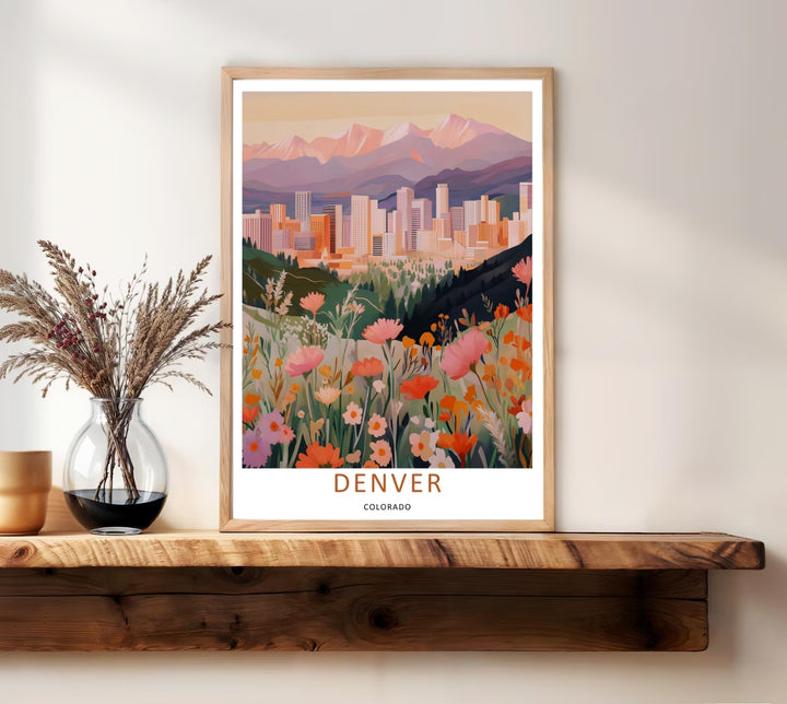 Denver graphic realism travel artwork illustrating a peaceful golden hour alpenglow perspective over the Front Range mountains. This beautiful landscape wall art by MapYourDreams comes as an unframed poster, gallery canvas, or custom framed print.
