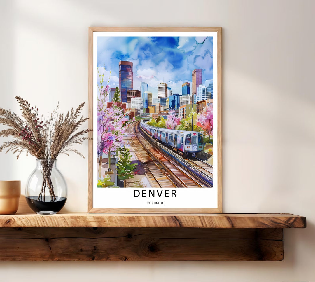 Artistic transit cityscape print showing a passenger commuter train moving past tall corporate towers. A scenic travel poster from MapYourDreams, crafted expertly as an unframed print, wood-framed art, or canvas.