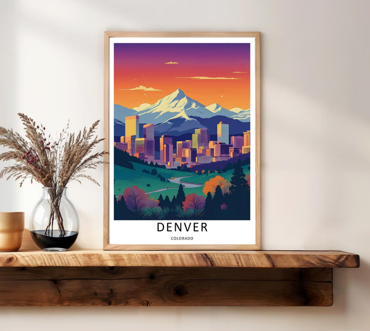 Denver graphic design capturing a clean white border backdrop, lush evergreen trees, and vibrant orange twilight sky details. This poster makes great western home wall art as a canvas, framed print, or poster.
