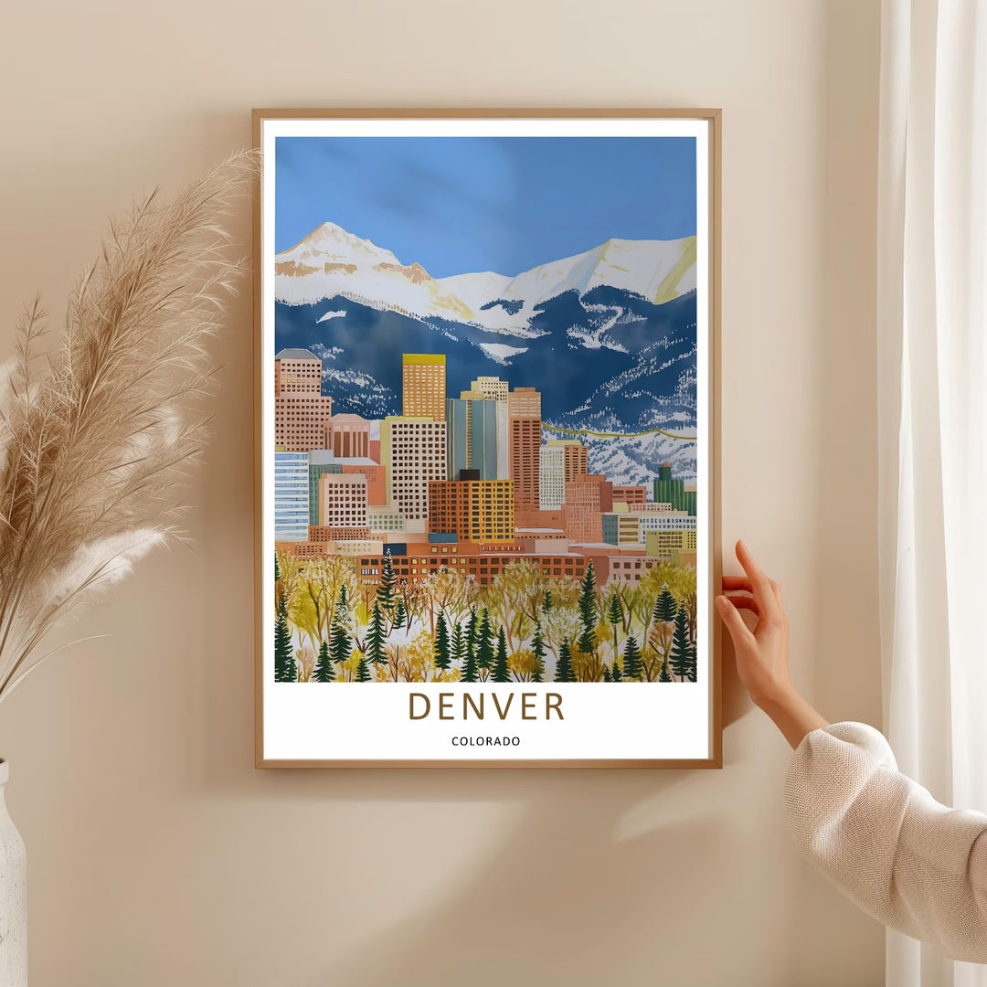 Denver graphic design capturing a clean white border backdrop, lush evergreen trees, and bright golden leaf details. This poster makes great western home wall art as a canvas, framed print, or poster.