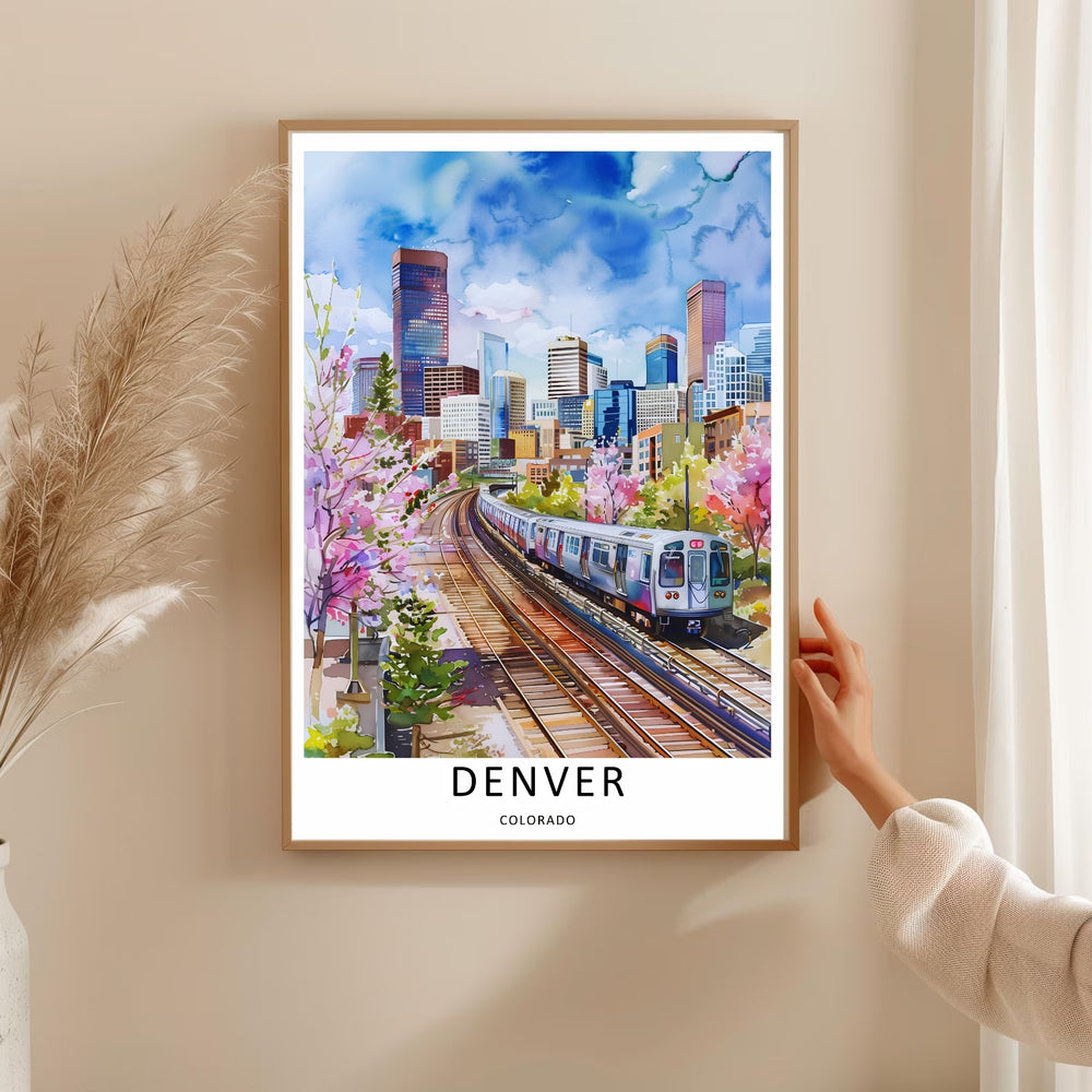 Colorado light rail train poster featuring blooming pink cherry blossom trees alongside commuter transit tracks. An elegant cityscape watercolor style piece offered as a framed print, canvas, or fine art paper poster.