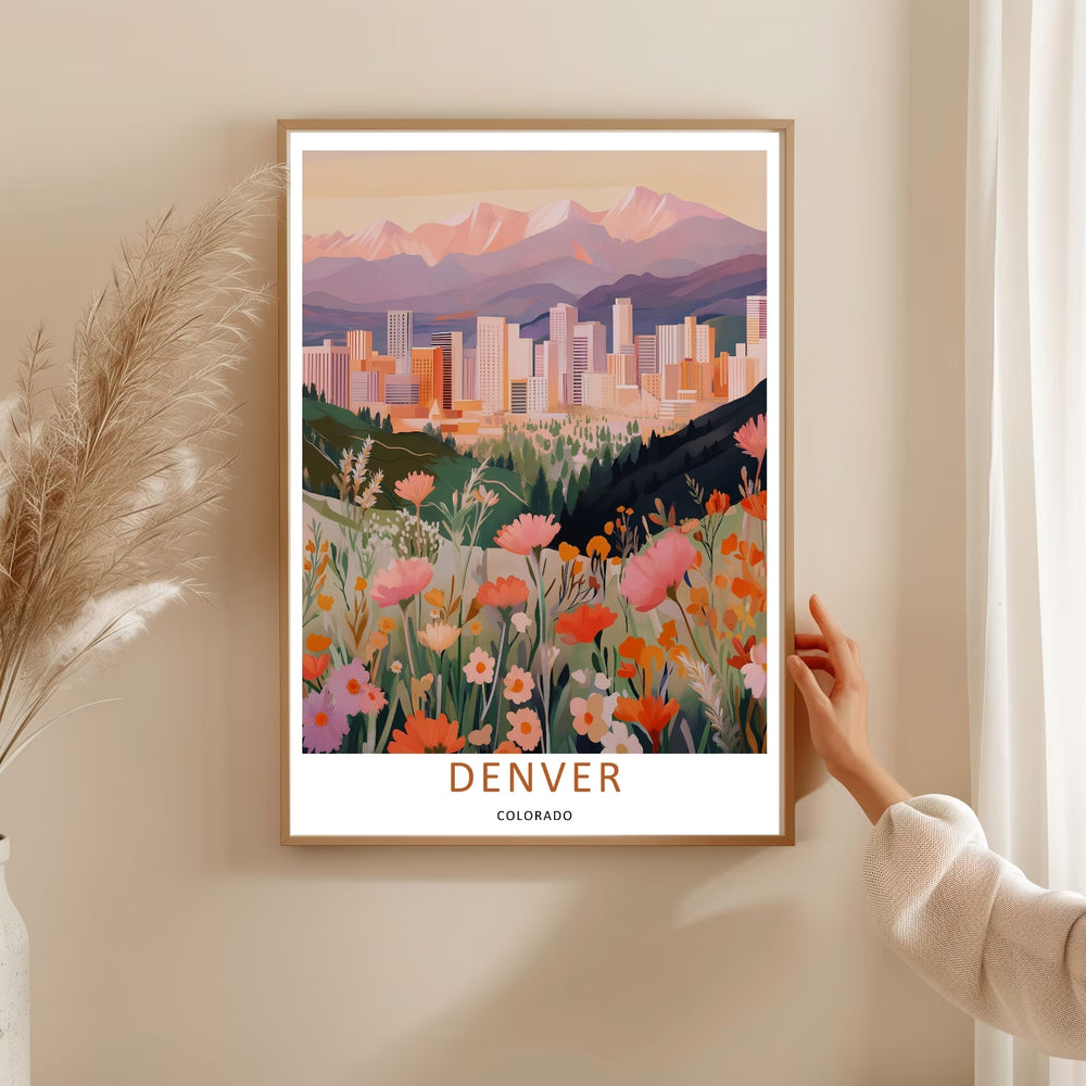 Colorado Rocky Mountain pastel meadow decor featuring pink and orange wildflowers blooming beneath distant snow-capped peaks. An elegant travel poster style piece offered as a framed print, canvas, or fine art paper poster.
