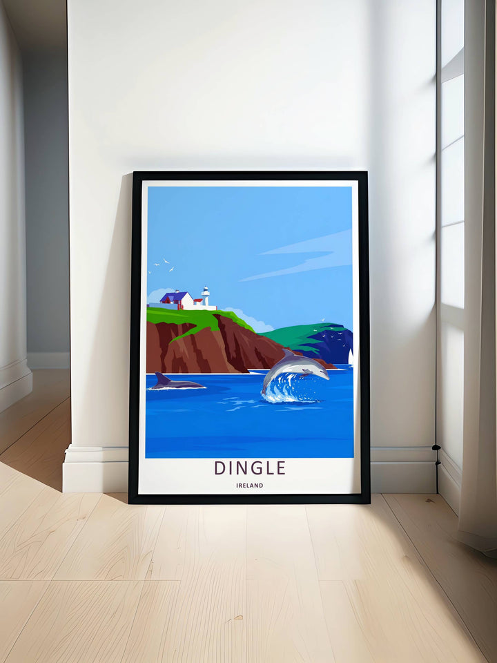A clean maritime poster of the classic Dingle Lighthouse ocean horizon walk in Dingle Ireland from MapYourDreams, manufactured as a canvas print, an unframed poster, or a custom framed masterwork for your living room.