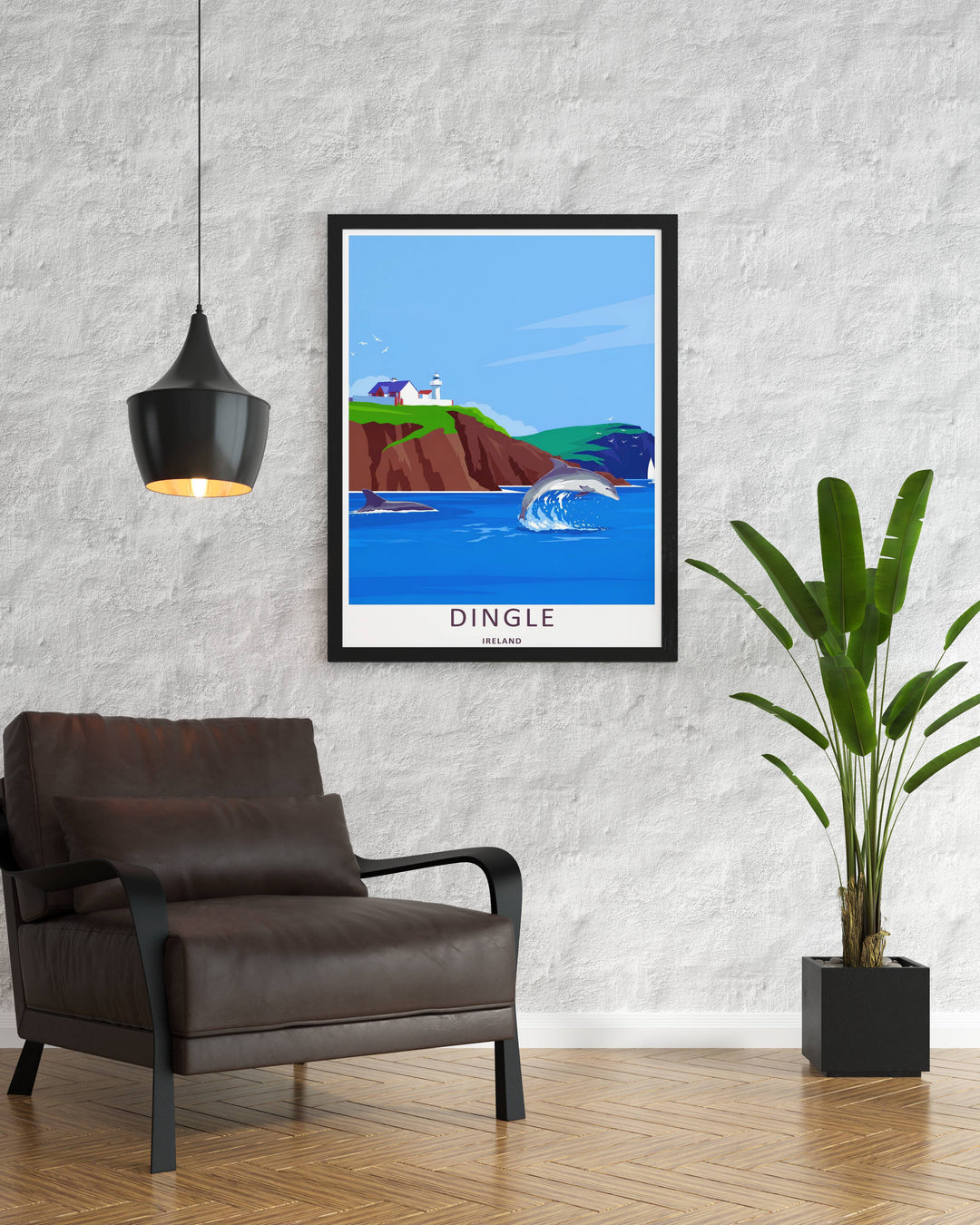 Minimalist Dingle Lighthouse coastal village art print of the iconic Dingle Ireland harbor docks without text, customizable as a textured canvas piece, an unframed art print, or a premium wood framed wall accent.