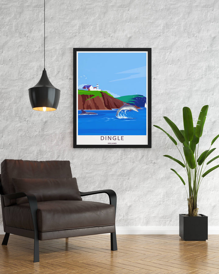 Minimalist Dingle Lighthouse coastal village art print of the iconic Dingle Ireland harbor docks without text, customizable as a textured canvas piece, an unframed art print, or a premium wood framed wall accent.
