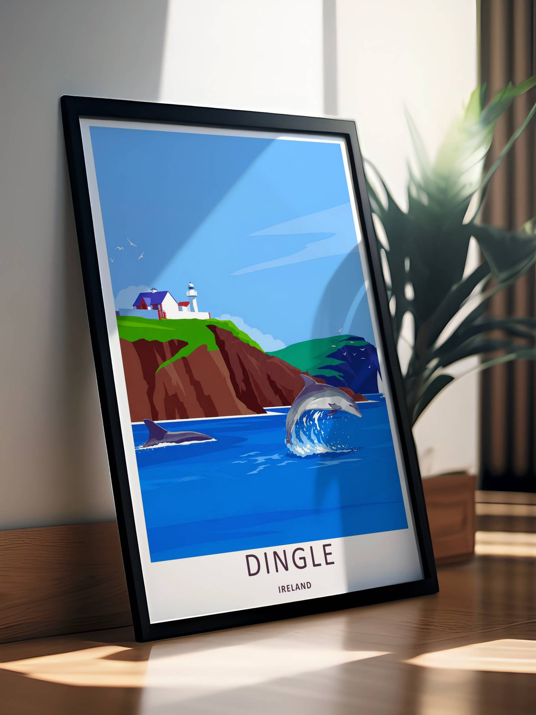 A beautiful lighthouse and marine theme poster capturing the steep brown and green cliffs of Dingle Ireland, available in flexible unframed, framed, or canvas layouts to match your contemporary home decor style.