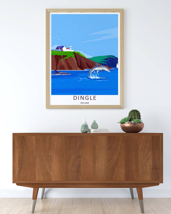 Colorful graphic illustration print of the iconic harbor entrance at Dingle Lighthouse in Dingle Ireland, crafted as a premium canvas print, an unframed poster, or a gold framed gallery wall statement piece.
