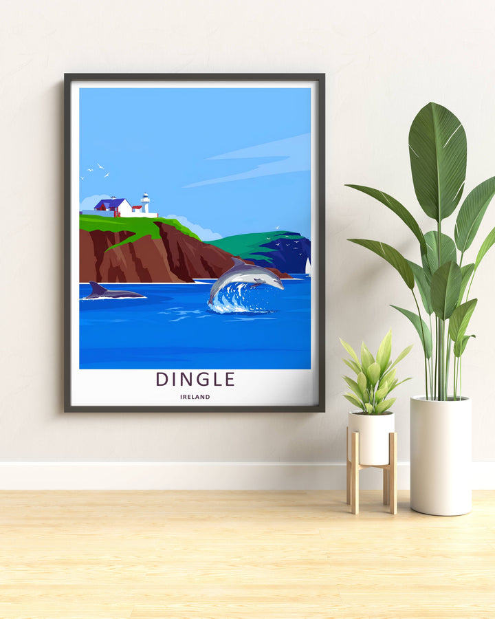 Modern wall art featuring a retro graphic vector layout of the classic ocean horizon view in Dingle Ireland, which can be ordered as a stretched canvas, an unframed poster, or a pure gold framed luxury print.