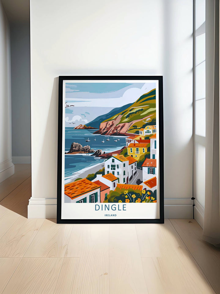 A colorful travel poster design of the scenic Dingle Ireland peninsula coast, available in a variety of presentation formats including unframed prints, canvas wall art, and framed finishes. The print highlights quaint seaside cottages below green fields.