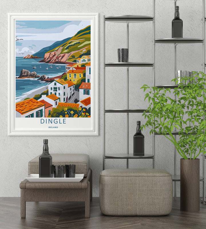 A striking screen-print style work of the iconic Dingle Ireland coastline, ready to order as an unframed print, canvas, or a framed wall art piece. The design features bold minimalist typography centered along the clean white border at the bottom.