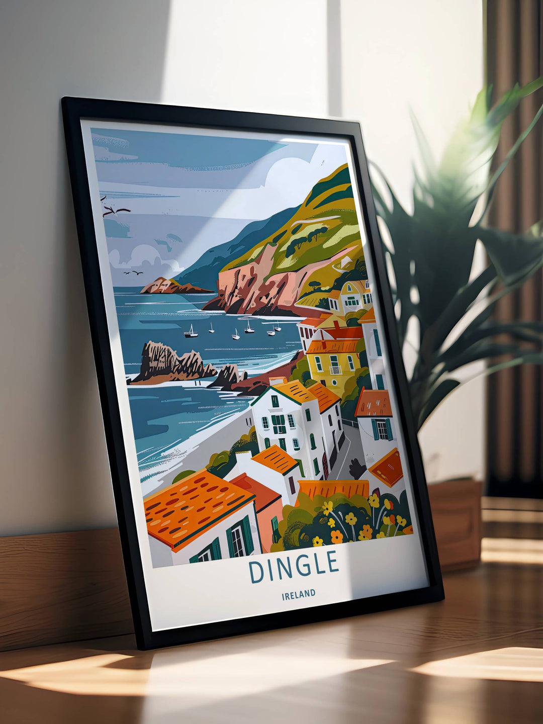 A stylized landscape print displaying a vintage Dingle Ireland village travel poster, with options to purchase as an unframed print, a high-quality canvas, or a framed display. The artwork balances warm terracotta tones against cool teal water.