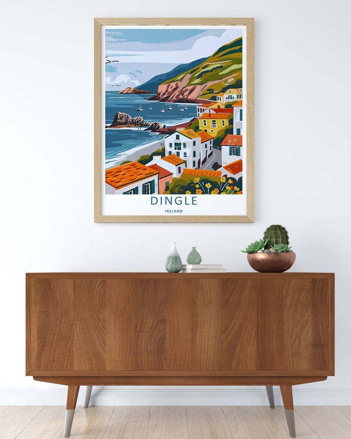 A detailed artistic travel poster depicting a scenic coastal road in Dingle Ireland, selectable as an elegant canvas, a minimalist unframed poster, or a framed artwork display. The scene details colorful orange and yellow roofs by a teal ocean.