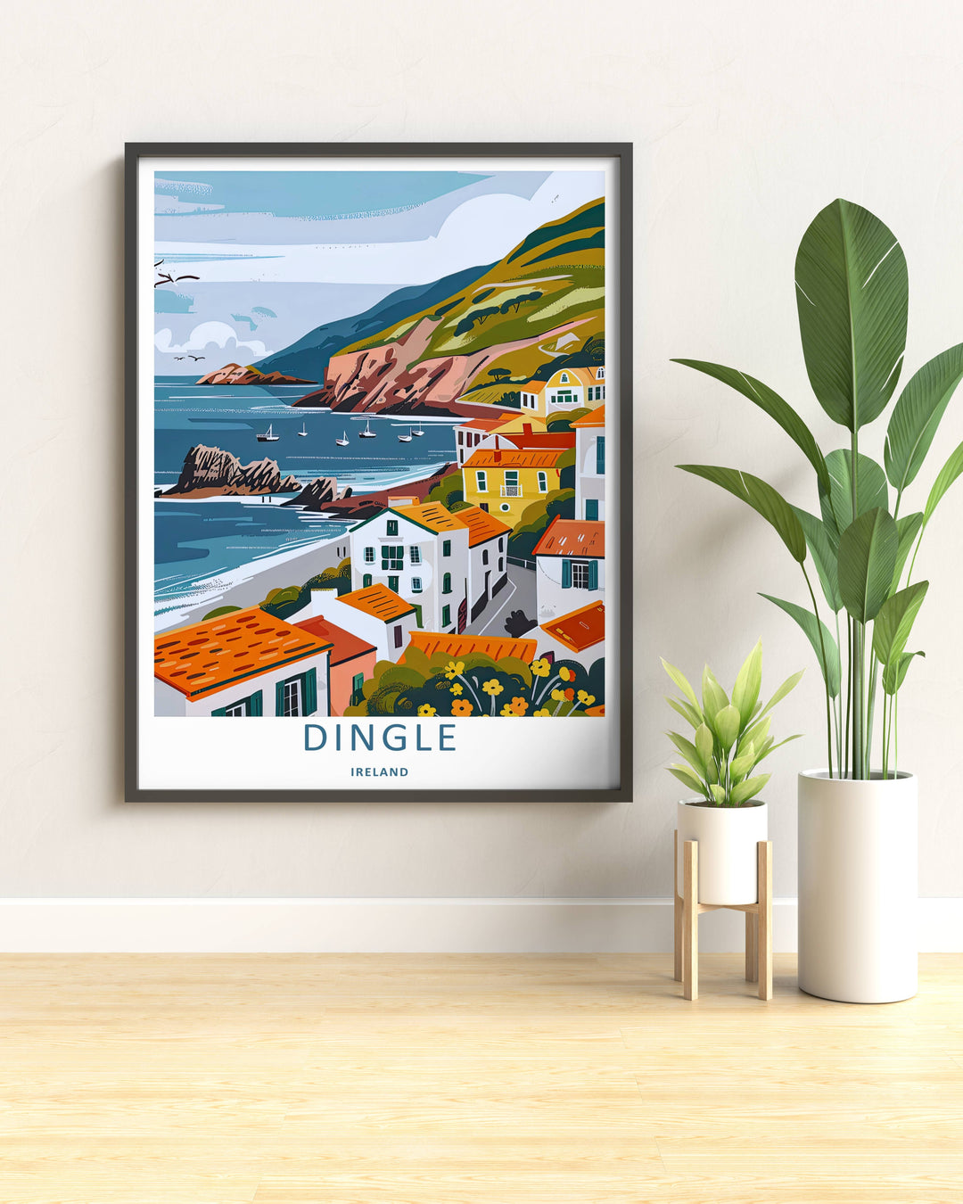 Minimalist travel poster print of the coastal Dingle Ireland landscape without text, customizable as a textured canvas piece, an unframed art print, or a framed wall accent. The trail print captures the expansive feeling of an Irish seaside escape.