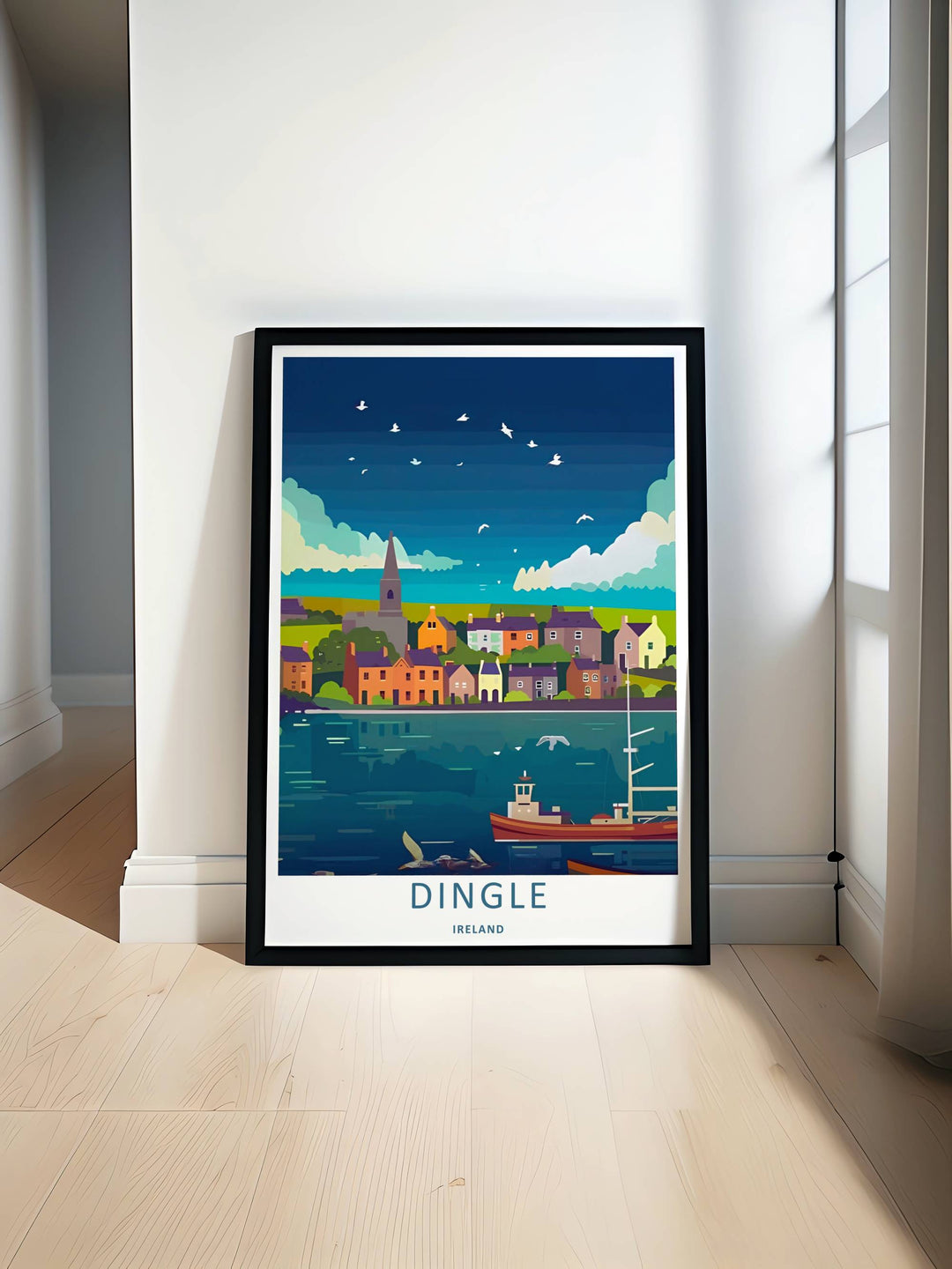 Minimalist vintage harbor print of the coastal Dingle Ireland landscape without text, customizable as a textured canvas piece, an unframed art print, or a framed wall accent. The trail print captures the expansive feeling of an evening seaside escape.