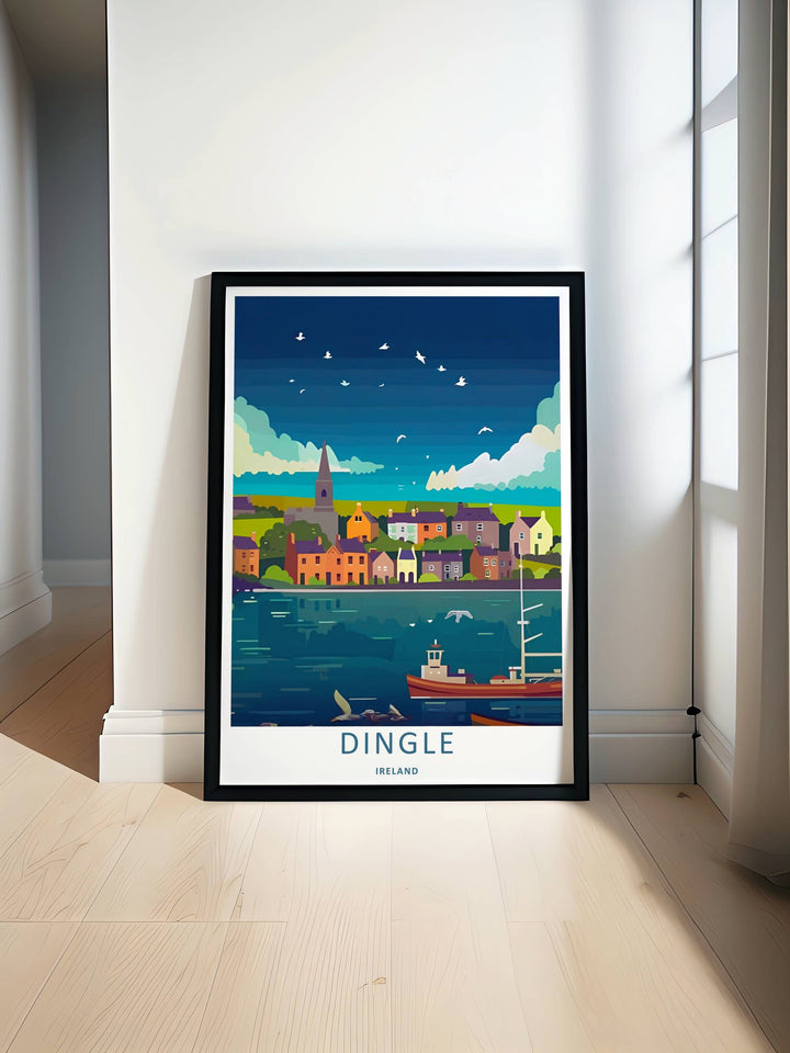 Minimalist vintage harbor print of the coastal Dingle Ireland landscape without text, customizable as a textured canvas piece, an unframed art print, or a framed wall accent. The trail print captures the expansive feeling of an evening seaside escape.