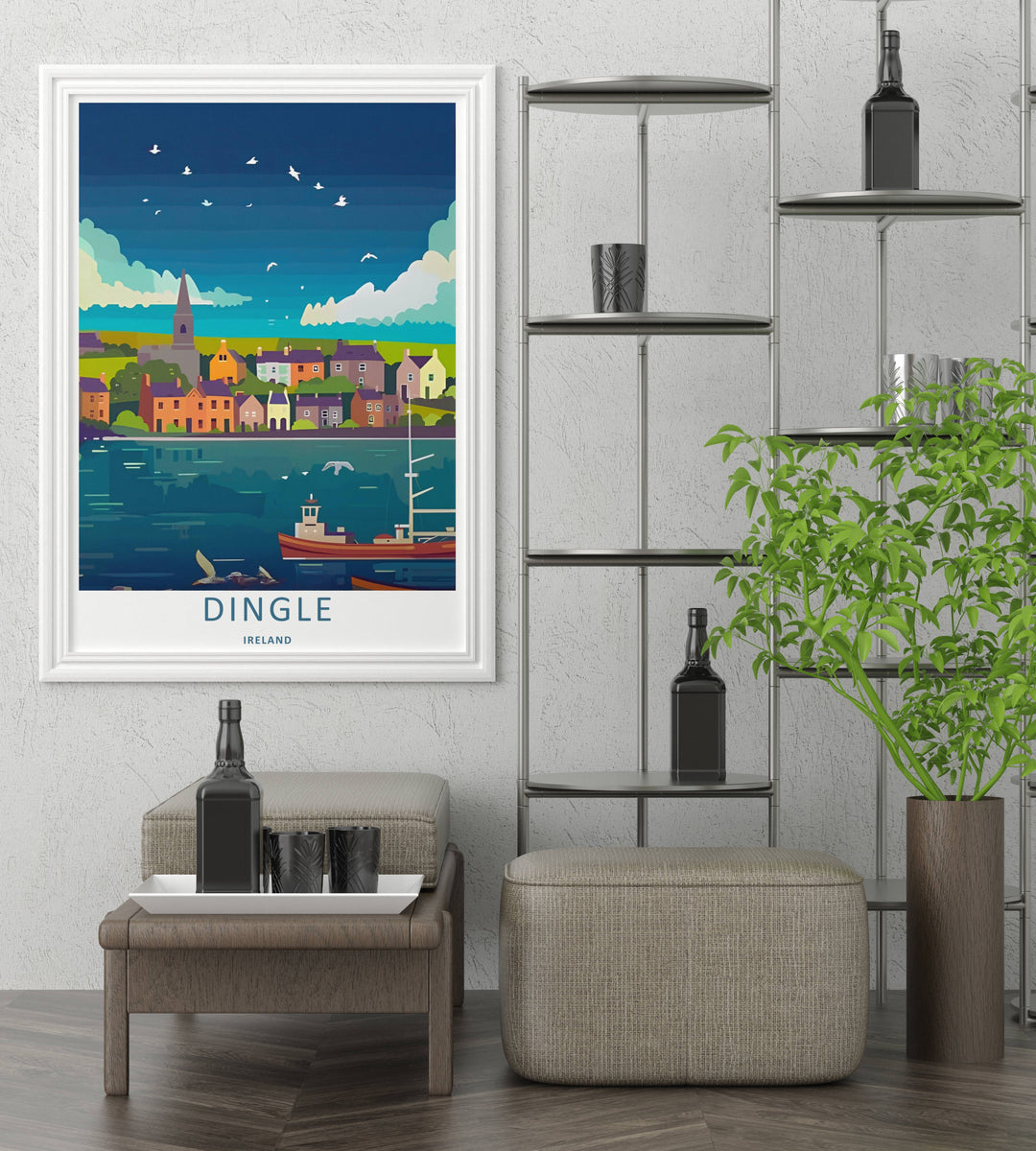 A striking screen-print style work of the iconic Dingle Ireland evening coast, ready to order as an unframed print, canvas, or a framed wall art piece. The design features bold minimalist typography centered along the clean white border at the bottom.