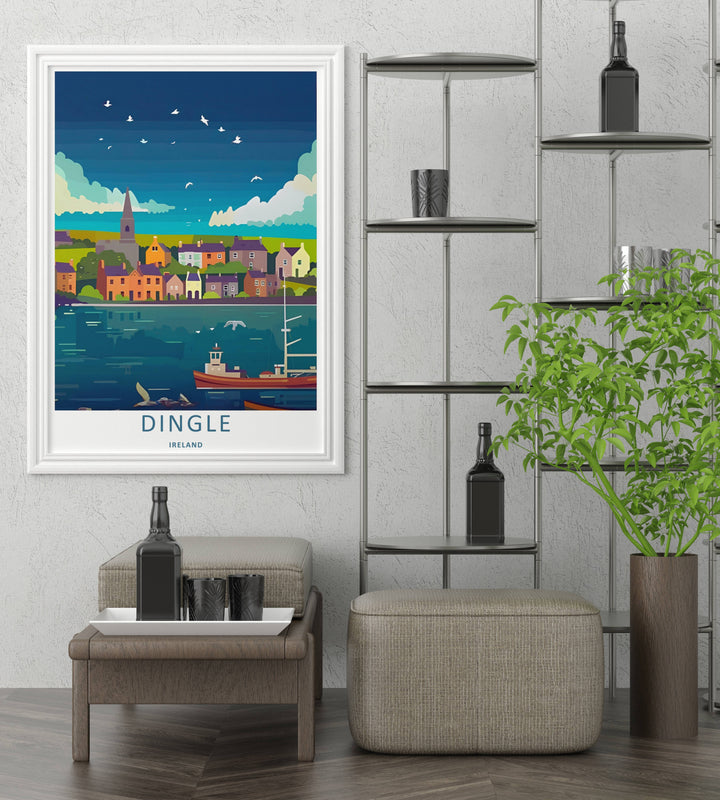 A striking screen-print style work of the iconic Dingle Ireland evening coast, ready to order as an unframed print, canvas, or a framed wall art piece. The design features bold minimalist typography centered along the clean white border at the bottom.