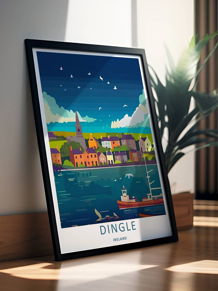 Graphic illustration print of the famous Dingle Ireland evening waterfront, crafted as a premium canvas print, an unframed poster, or a framed gallery piece. The wall decor shows a dark blue night sky descending into calm harbor waters.