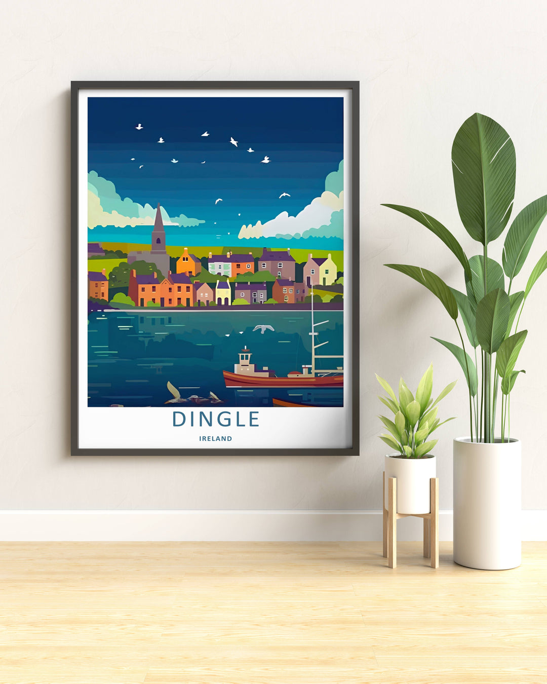 An elegant wilderness print of the dramatic Dingle Ireland peninsula at night, offered as an unframed print, a wrapped canvas, or a framed art finish. The vintage harbor print aesthetic brings a modern graphic touch to classic coastal wall decor.