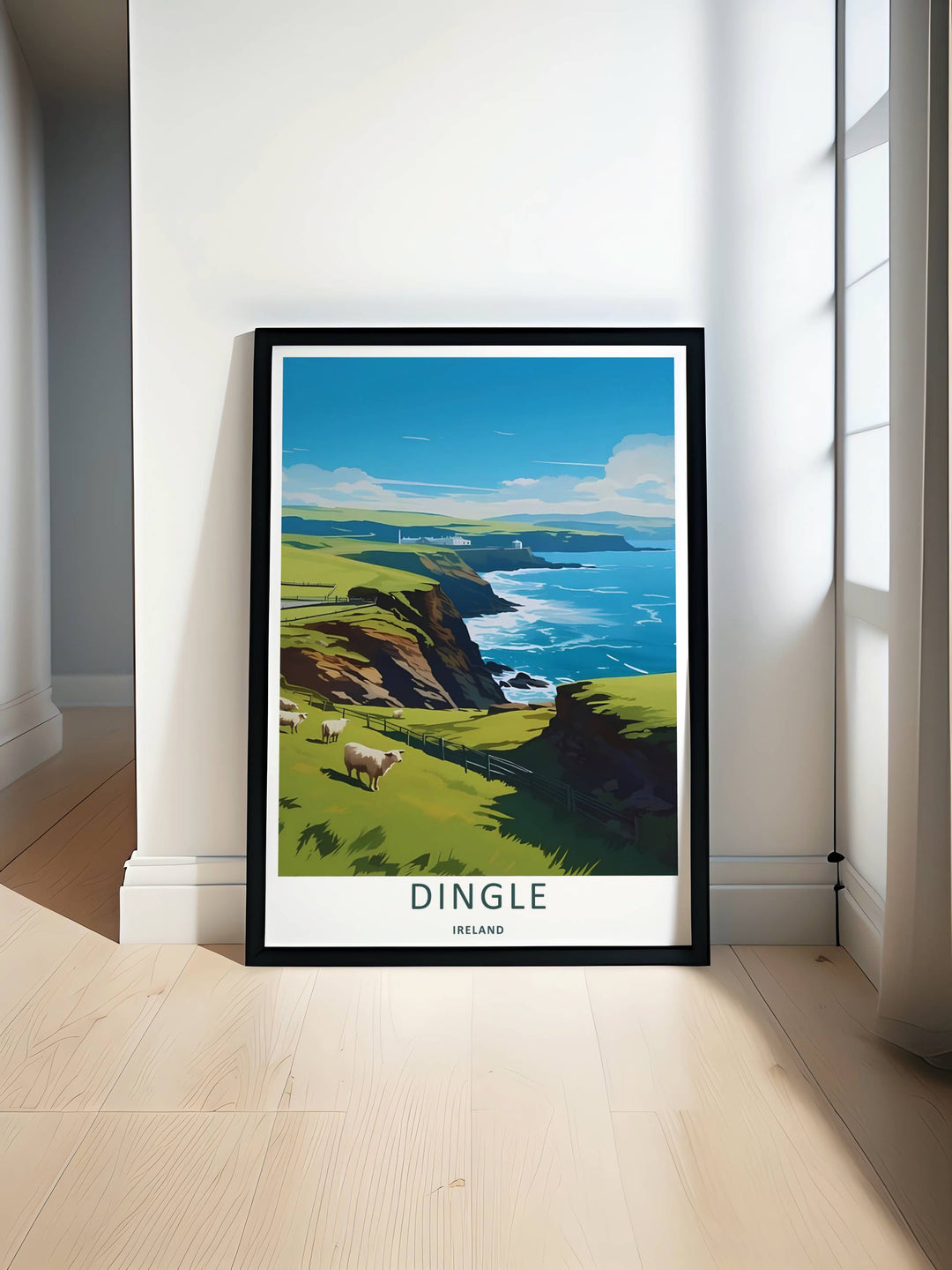 Minimalist vintage coastal print of the coastal Dingle Ireland landscape without text, customizable as a textured canvas piece, an unframed art print, or a framed wall accent. The trail print captures the expansive feeling of a seaside escape.