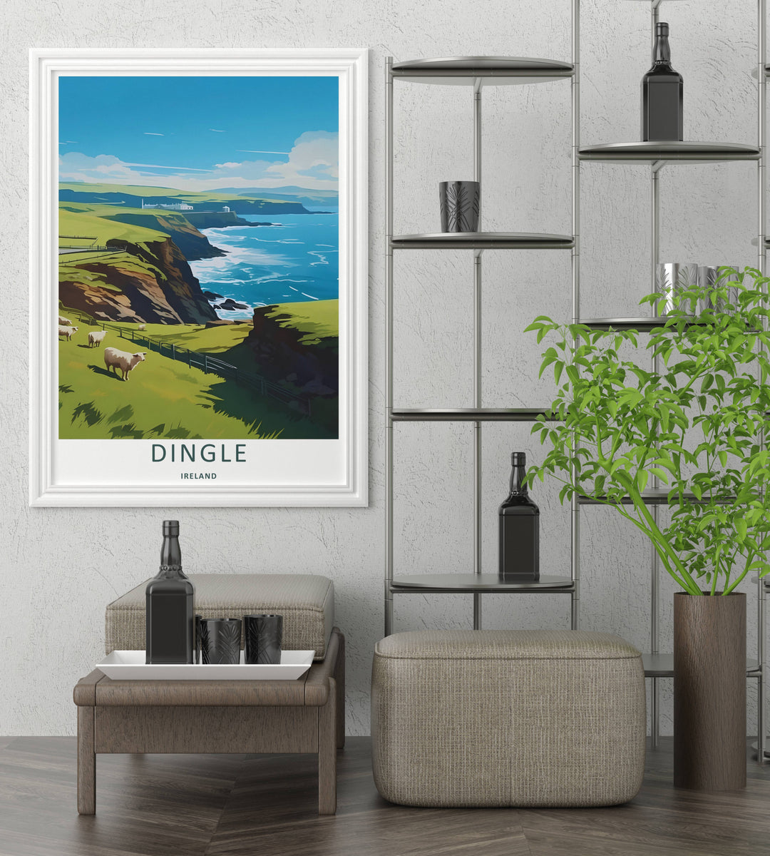 A beautiful pasture and sea theme poster featuring the rugged coastal geography of Dingle Ireland, available in flexible unframed, framed, or canvas print layouts. The illustration captures the peaceful feeling of the Wild Atlantic Way.