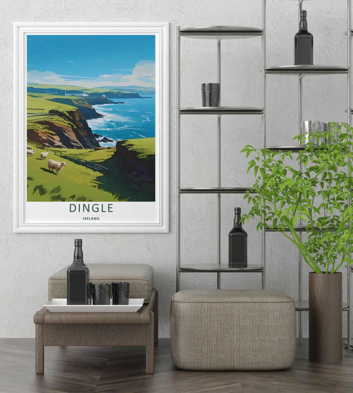 A beautiful pasture and sea theme poster featuring the rugged coastal geography of Dingle Ireland, available in flexible unframed, framed, or canvas print layouts. The illustration captures the peaceful feeling of the Wild Atlantic Way.