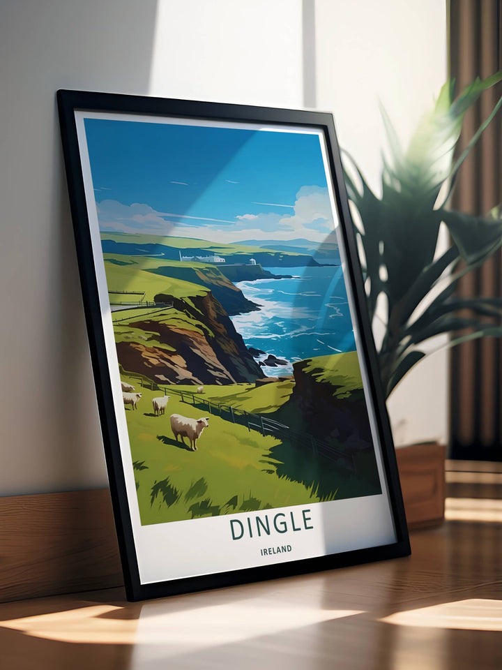 Graphic illustration print of the famous Dingle Ireland clifftop farmland, crafted as a premium canvas print, an unframed poster, or a framed gallery piece. The wall decor shows a towering green headland descending into deep ocean waters.