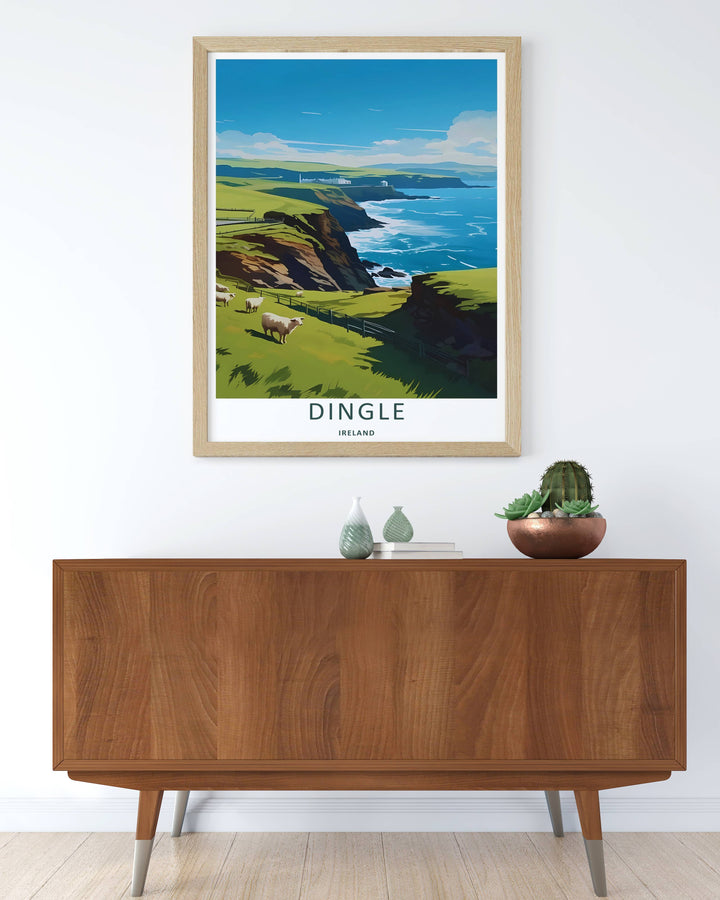 Modern wall art featuring a retro graphic layout of the classic Dingle Ireland cliffside view, which can be ordered as a stretched canvas, an unframed poster, or a framed print. The landscape art details a white structure on a far ridge.