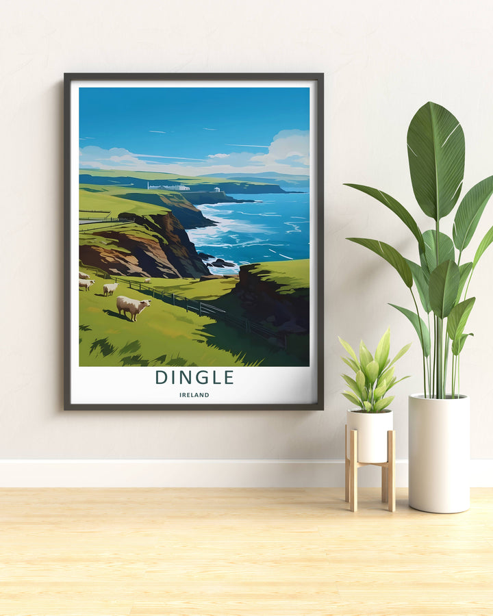 An elegant wilderness print of the dramatic Dingle Ireland peninsula during the day, offered as an unframed print, a wrapped canvas, or a framed art finish. The vintage coastal print aesthetic brings a modern graphic touch to wall decor.