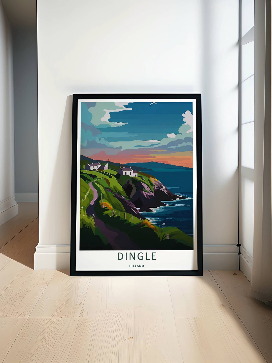Minimalist sunset coastal print of the coastal Dingle Ireland landscape without text, customizable as a textured canvas piece, an unframed art print, or a framed wall accent. The trail print captures the expansive feeling of an evening escape.