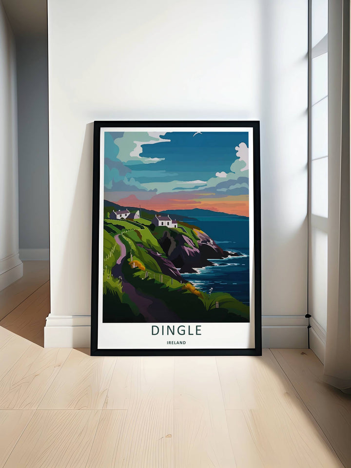 Minimalist sunset coastal print of the coastal Dingle Ireland landscape without text, customizable as a textured canvas piece, an unframed art print, or a framed wall accent. The trail print captures the expansive feeling of an evening escape.